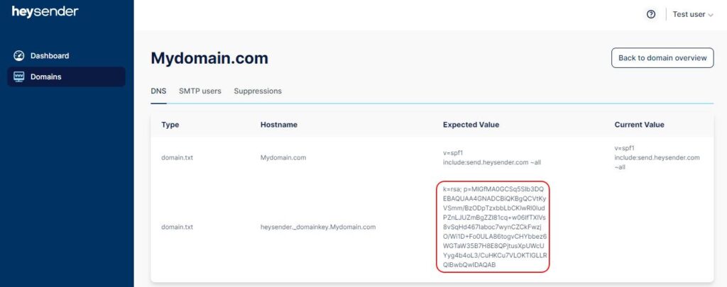 Heysender domain settings